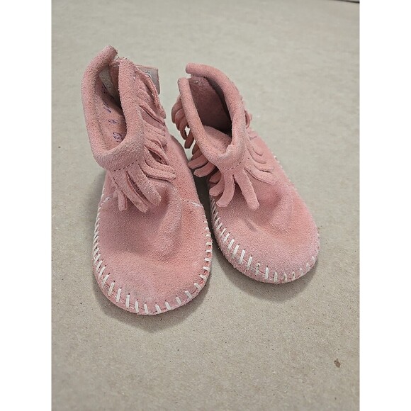 Suede Pink Moccasin Fringe Ankle Boots, Toddler Girl's First Walking Booties 4‎ - Picture 1 of 9